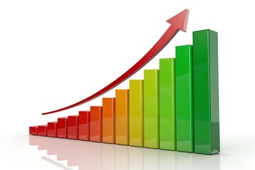 Fototapeta premium growing colorful bar chart with red up arrow on white background with reflection, 3d illustration