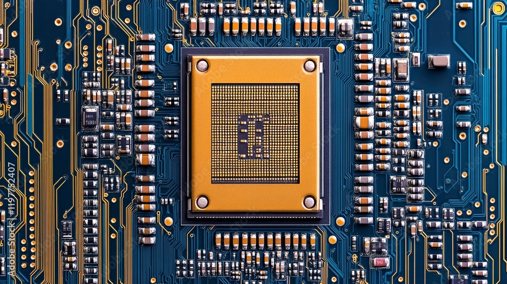 Aufkleber close-up view of a computer processor on a circuit board with intricate details