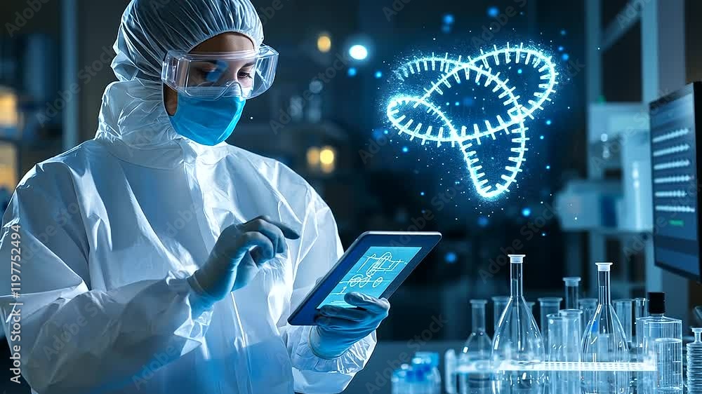 Poster a researcher in full protective gear holding a digital tablet displaying a dna sequence, while a flo