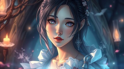 Illustration of an anime girl with a delicate expression, dark hair, and glowing eyes, surrounded by soft candlelight in a mystical setting.  

