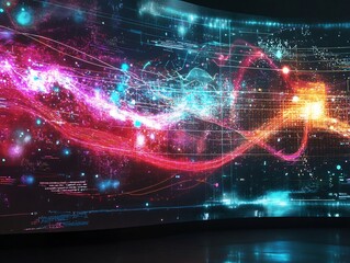 Abstract glowing data streams elegantly swirl across a curved screen vibrant red blue hues. AI Generated