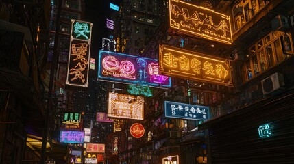 Neon-lit Asian city street, night, signage, cyberpunk backdrop, futuristic film