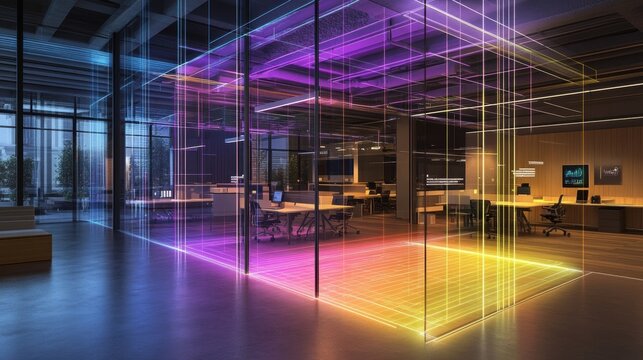 An intricate view of smart lighting systems within an office space with bright lines connecting various light fixtures to a control app showing programmable responses based on occupancy