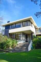 Modern architectural design of a house with large windows surrounded by greenery and blue skies in a tranquil residential area