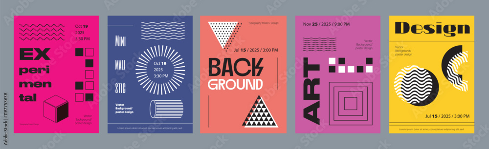Aufkleber abstract cover typography template. posters layouts with vibrant minimal compositions with cube, cyl