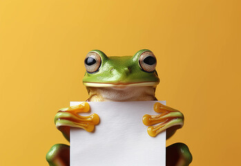 Bright green frog holding a blank piece of paper against a yellow background