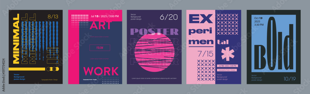 Poster abstract cover typography template. posters layouts with graphic bright compositions with dots, grid