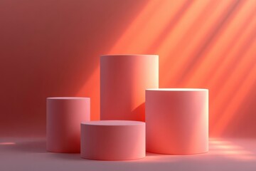 Three Pink Cylinders on Coral Background