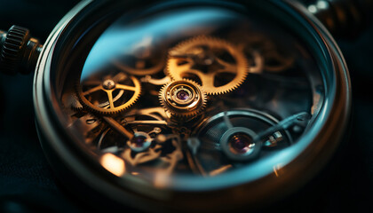 Detailierte Innenansicht eines mechanischen Taschenuhrs mit Zahnrädern


