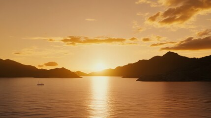 Golden Hour Sunset Over Majestic Mountains and Tranquil Ocean