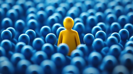 Fototapeta premium A visually striking image shows a lone yellow figure prominently standing out amidst a vast sea of blue figures, effectively symbolizing the important concepts of individuality and uniqueness