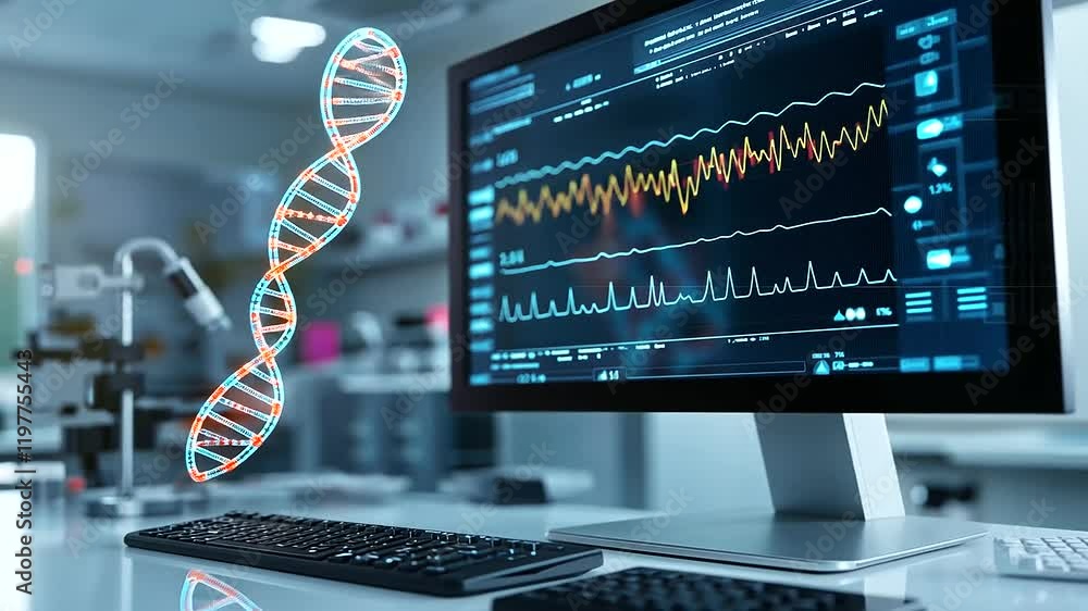 Aufkleber a state-of-the-art medical lab featuring a vibrant d dna model floating above a workstation, with a 