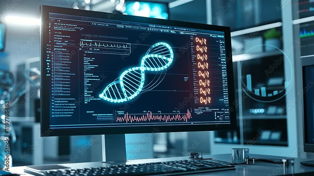 Poster a futuristic medical lab with a glowing d dna helix rotating above a sleek computer screen displayin