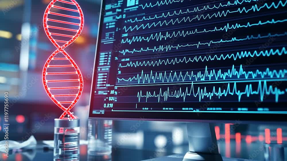 Poster a state-of-the-art medical lab featuring a vibrant d dna model floating above a workstation, with a 