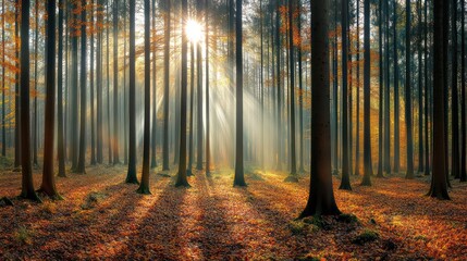 Sunbeams Illuminating Autumnal Forest