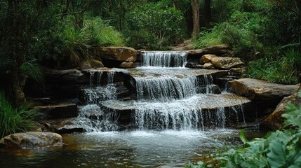 Naklejka premium Serene Waterfall Cascading Through Lush Greenery