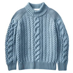 Cable knit sweater in soft blue color, featuring intricate patterns and a cozy turtleneck design, perfect for winter fashion and layering, isolated on transparent background, png