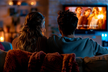 Fototapeta premium Generative AI Image of a Person Watching a Movie at Home with Vibrant Cinema Ambiance