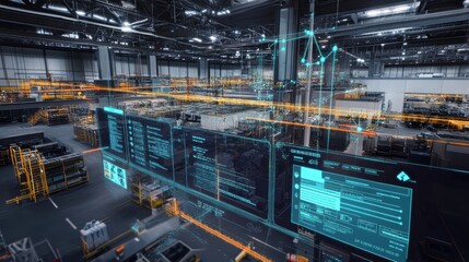 Fototapeta premium An advanced analytics dashboard with a panoramic view of manufacturing predictions featuring interconnected nodes and lines that illustrate the flow of information and predicted outcomes.