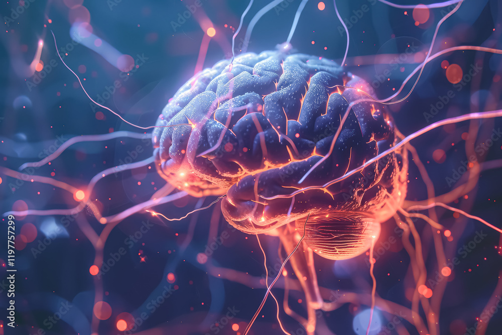 Poster brain with red and blue lines surrounding it. the brain is surrounded by a web of red and blue lines