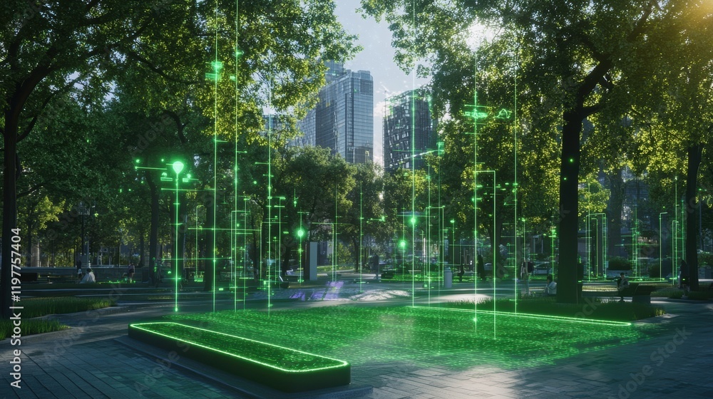 Aufkleber a view of interconnected environmental sensors in a city park with luminous lines transmitting air q