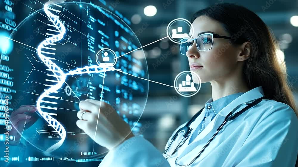 Poster a focused female doctor analyzing a rotating holographic dna helix displayed on an advanced interfac