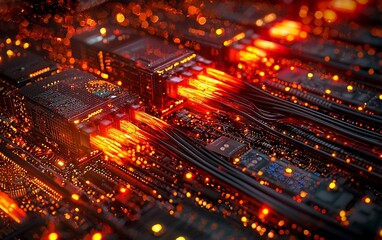 Glowing orange circuits and cables on a motherboard.