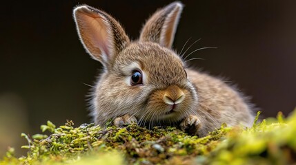 Fototapeta premium Adorable brown bunny in mossy forest, wildlife closeup