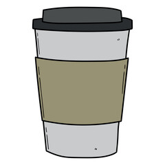 Hand drawn cartoon disposable paper cup with lid on white background.