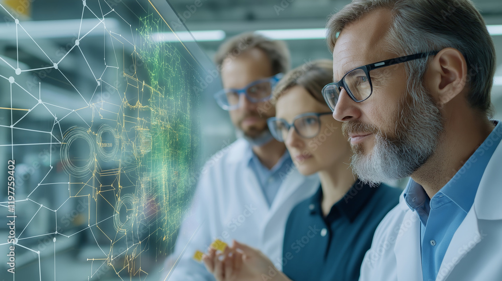 Poster scientists analyzing futuristic data visuals on a transparent screen in a modern laboratory
