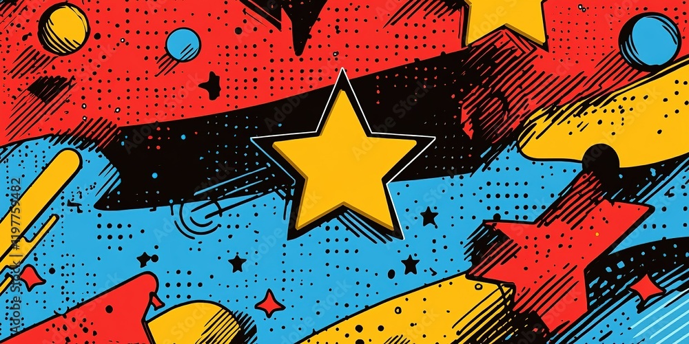 Poster colorful abstract design featuring bold stars and dynamic shapes in primary colors in a playful comp