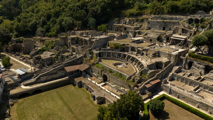 Aerial view of the Nymphaeum Theatre located in the archaeological site of Baia, a hamlet of...