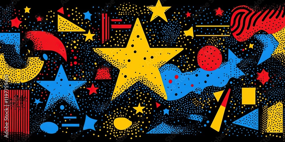 Poster brightly colored geometric shapes and patterns create a vibrant abstract design with stars, circles,