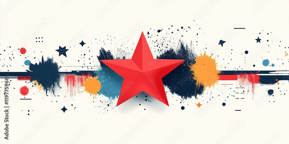 Poster red star with colorful splashes and abstract elements creating a vibrant backdrop for creative desig