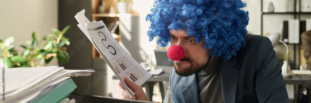 Poster Header of young clown businessman with financial paper documents in hand looking at laptop screen and typing while analyzing data