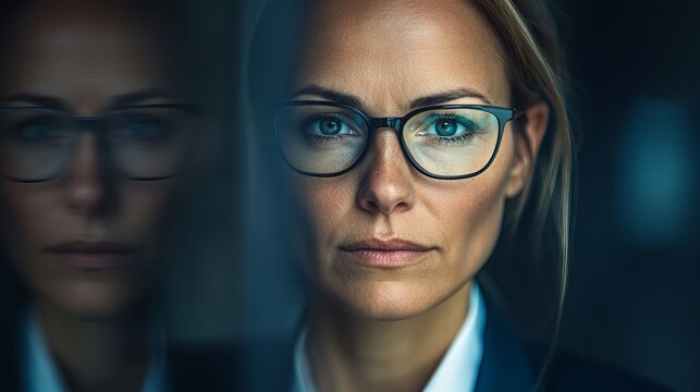 A professional businesswoman is wearing eyeglasses, and the camera captures her reflection. Her determined expression communicates her focus and determination. 