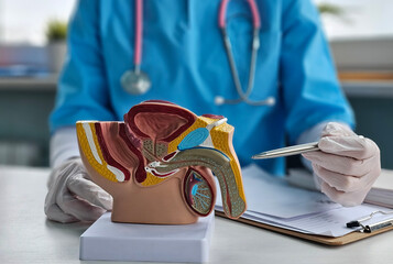 Doctors counseling patients with prostate cancer and using a penis model to show patients with prostate