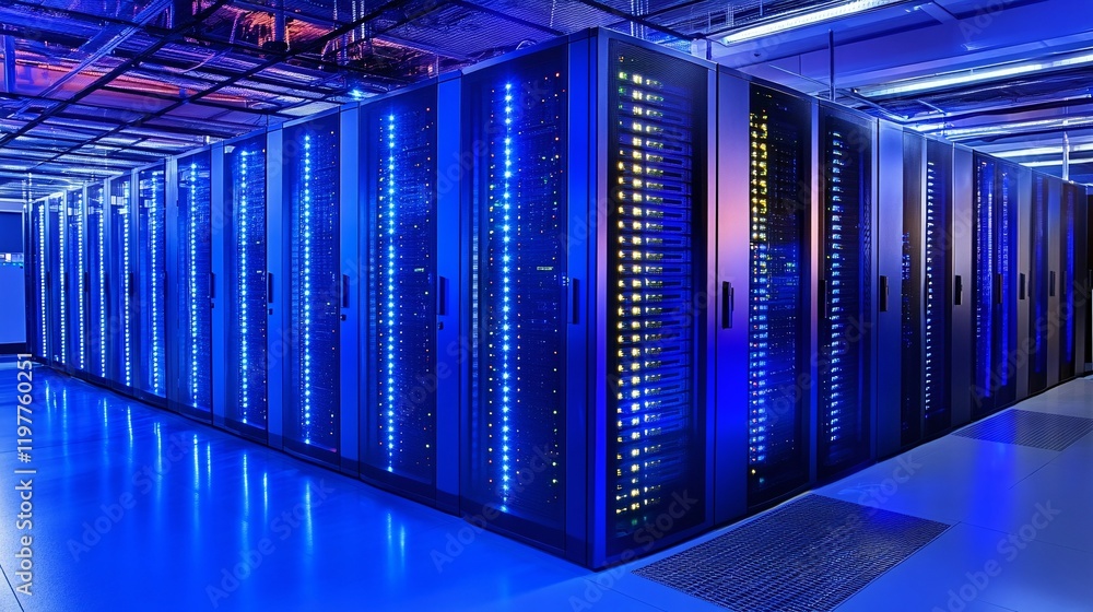 Poster illuminated server room with advanced data storage systems during nighttime