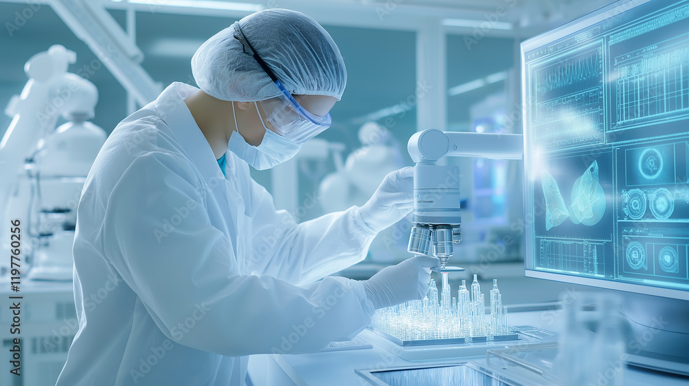 Poster a researcher working with a microscope and robotic assistance in a futuristic laboratory setting