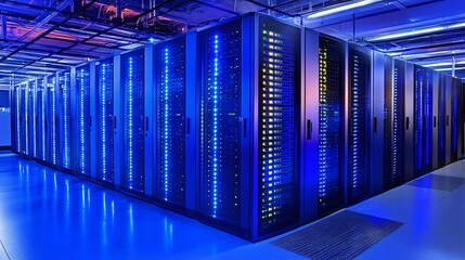 Illuminated server room with advanced data storage systems during nighttime