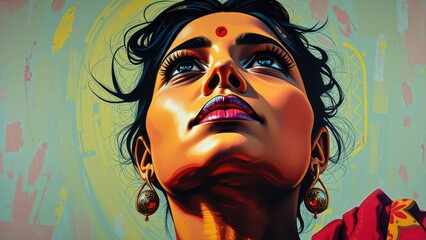 Vivid artistic portrait of a Indian woman looking upward, featuring bold colors, intricate details, and a cultural aesthetic.  
