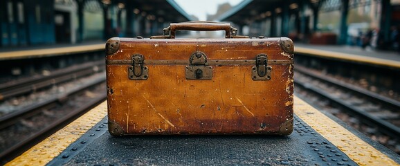 Vintage suitcase on a train platform.