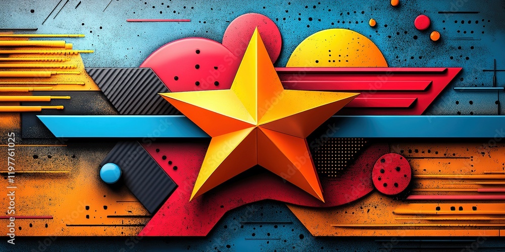 Poster bright geometric star design with vibrant colors and dynamic shapes on an abstract background