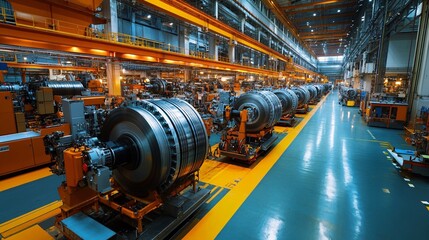 Manufacturing facility featuring large machines arranged in rows during daytime