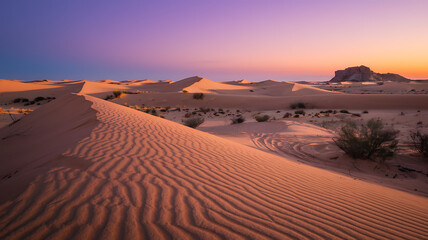 Canyon with Towering Red Sandstone Walls, Dry Riverbed, and Desert Vegetation, Under a Brilliant Blue Sky and the Faint Sound of Wind Through Crevices