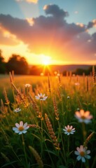 Naklejka premium Golden hour light bathes idyllic meadow, blurred sunset , evening, summer, sunset