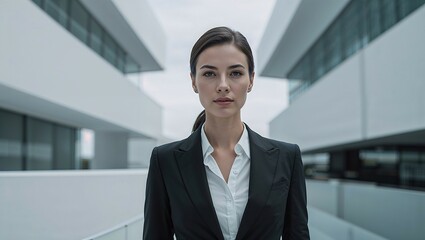 Confident Businesswoman: A portrait of a serious and confident businesswoman in a black suit, standing in a modern office building. Her gaze is direct and unwavering.