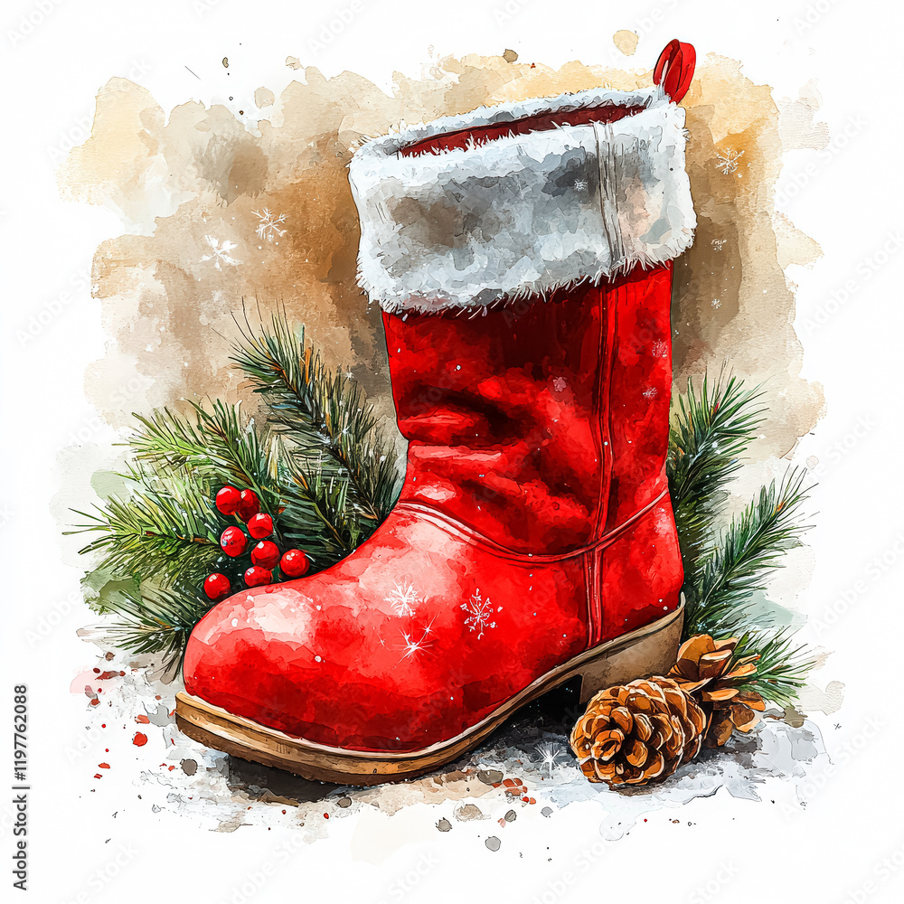 Poster red christmas boot with a white sock and a pine cone on top. the boot is surrounded by pine needles 