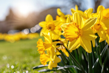 Obraz premium A vibrant cluster of yellow daffodils basking in warm sunlight, with a lush green garden backdrop, symbolizing the joy and freshness of springtime. 