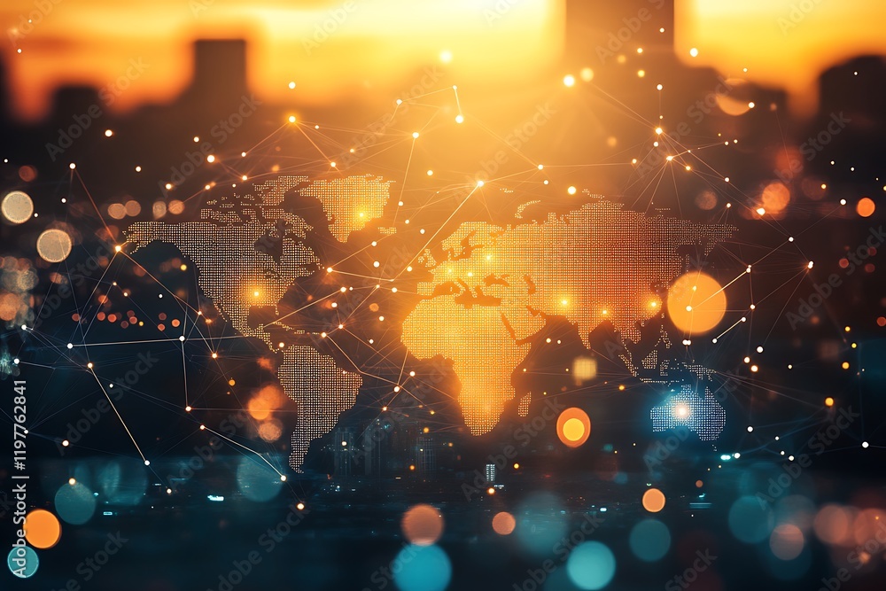 Aufkleber global communication network connecting world map with data flow